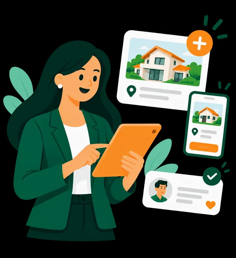 Agente inmobiliaria publicando propiedades desde una tableta