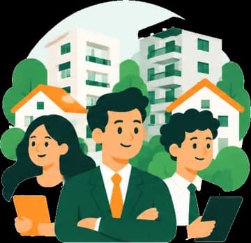 Equipo de una inmobiliaria frente a sus edificios